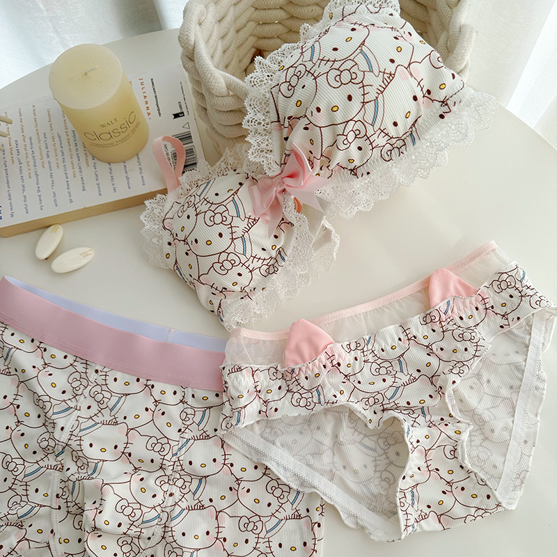 Hellokitty Couple Underwear Three-Piece Set Pure Desire Cute Cartoon Bra Soft Girl Push-Up Bra Without Steel Ring for Women