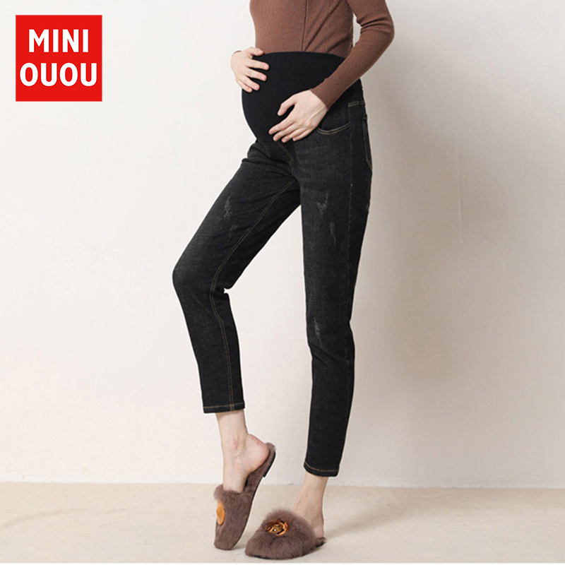 Pregnant women jeans in autumn and winter plus thicker spring and autumn pregnant pants loose straight pants pregnant mom fashion pants