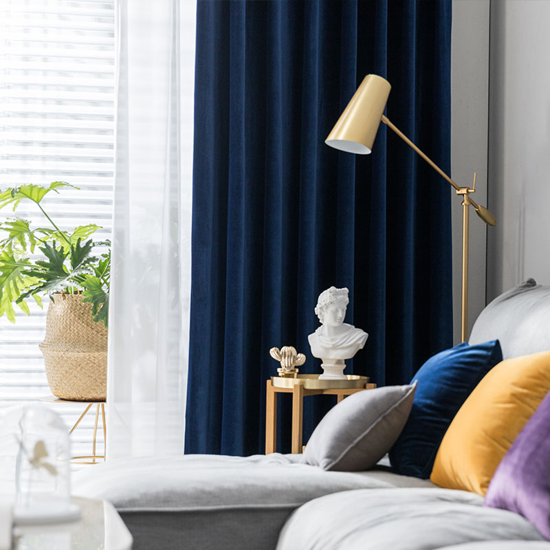 Light luxury royal blue flannel fabric custom American minimalist retro bedroom living room dark blue velvet curtains
