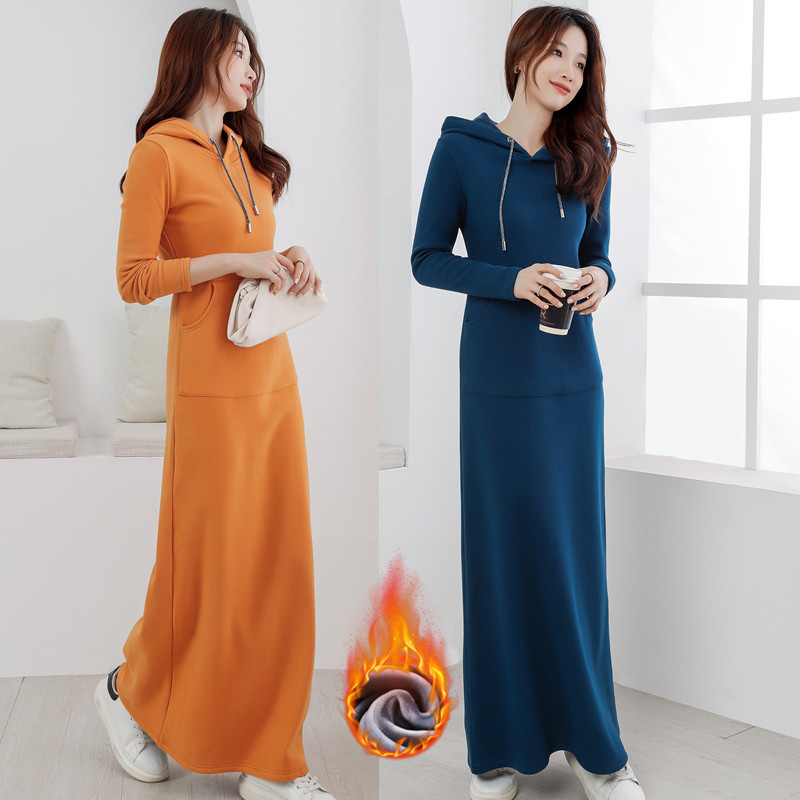 2025 New Spring and Autumn Slim-Fit Hooded Sweatshirt Dress with Fleece Lining, Thickened Long Dress, Extra-Long Dress, European Style