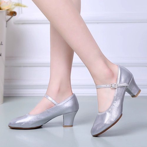 Серебряная высокая обувь, танцующие туфли, мягкая подошва, для среднего возраста, против усталых ног