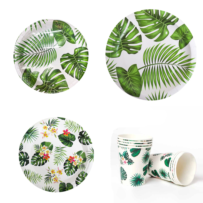 Hawaiian Green Party Plate Decorations Monstera Flamingo Paper Plates Paper Cups Leaves Summer Themed Tableware
