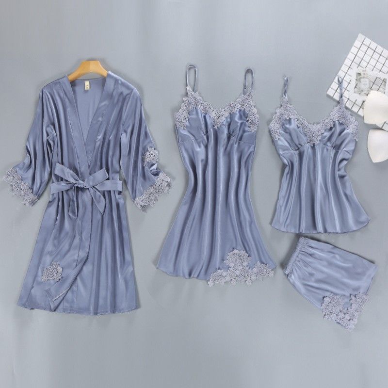 Sleepwear Woman Summer Spring Autumn Season Pyjamas Sleeping Robes Sleeping Skirts 4 pieces of ice silk with chest cushion silk Home Sleeping Robe
