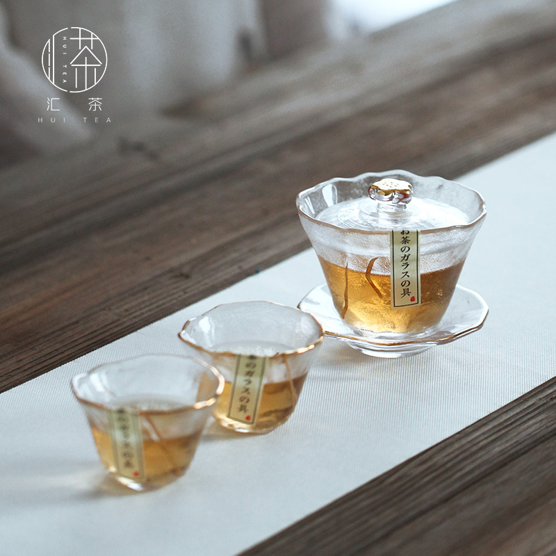 Wire Tea Phnom Penh Glass Cover Bowl GOLD CRYSTAL THREE-ONLY COVER CUP THICKENED HEAT-RESISTANT HAMMER GRAIN TEA SET GROUP TEA BOWL