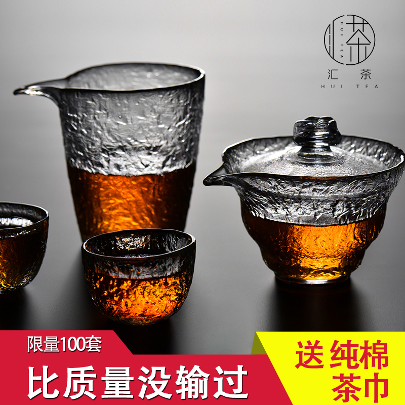 Huitea Day Style Preliminary Snow Glass Cover Bowl Hand Grip Tea Bowl Three-only Tea Bowl Thickened Heat-Resistant Kongfu Tea Furniture Set