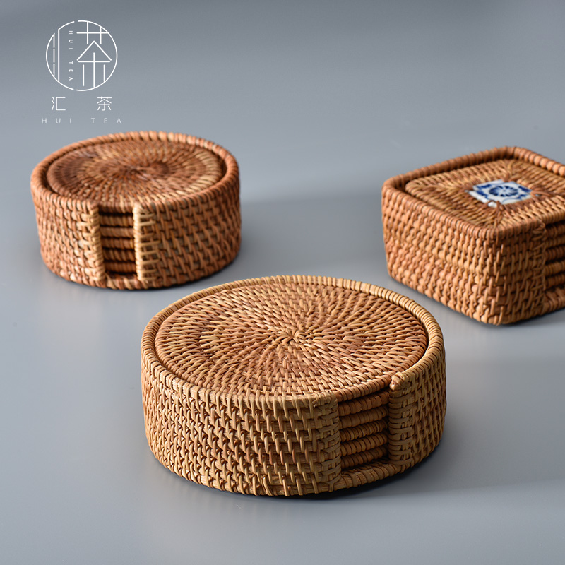 Hui tea old rattan coaster set tea mat kung fu tea set six gentlemen raising pot mat cup holder iron pot purple sand pot holder