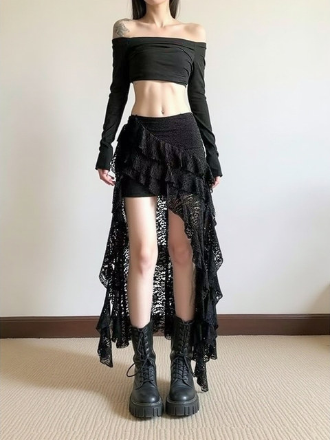 Plus-Size French-Style Spicy Girl Irregular Lace Patchwork Skirt, New High-Waisted Design with Ribbon Short Skirt