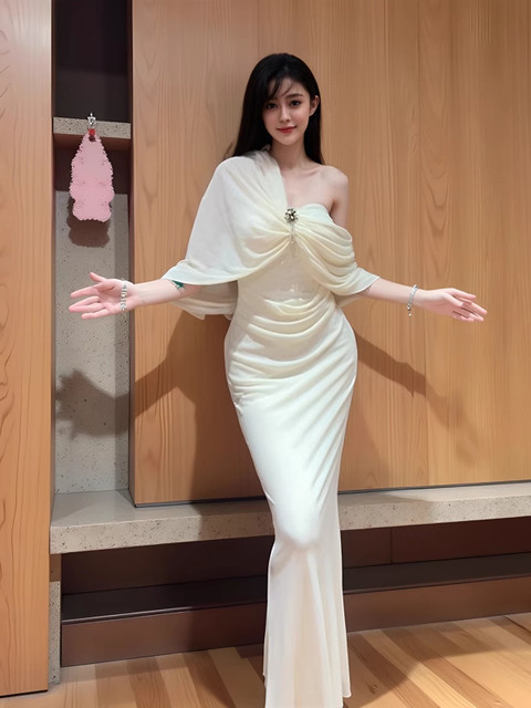 French style pure desire sexy slightly fat mm large size waist slimming one-line dress new design slim temperament long skirt