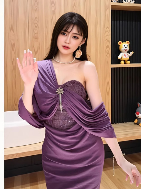 French style pure desire sexy slightly fat mm large size waist slimming one-line dress new design slim temperament long skirt