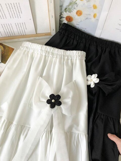Summer 300Jin Jin equals 0.5kg plus size women's bow three-dimensional flower elastic waist skirt mid-length solid color versatile A-line skirt