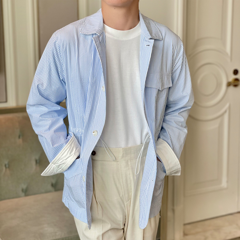 【Cotton Bubble Fabric】Blue Striped Work Jacket for Men, Breathable, Lightweight, Casual Sun Protection Outerwear for Spring and Summer