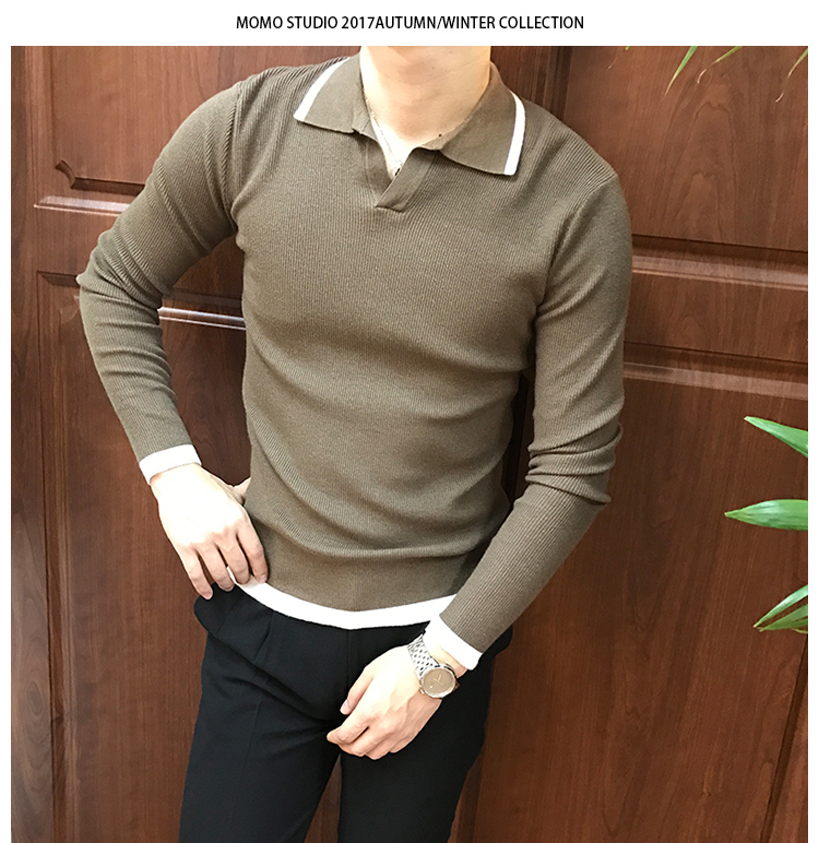 Mùa thu 2018 Mới Áo len cổ chữ V tương phản Hàn Quốc Áo len dệt kim mỏng mỏng Áo sơ mi dài tay màu trơn áo gile nam
