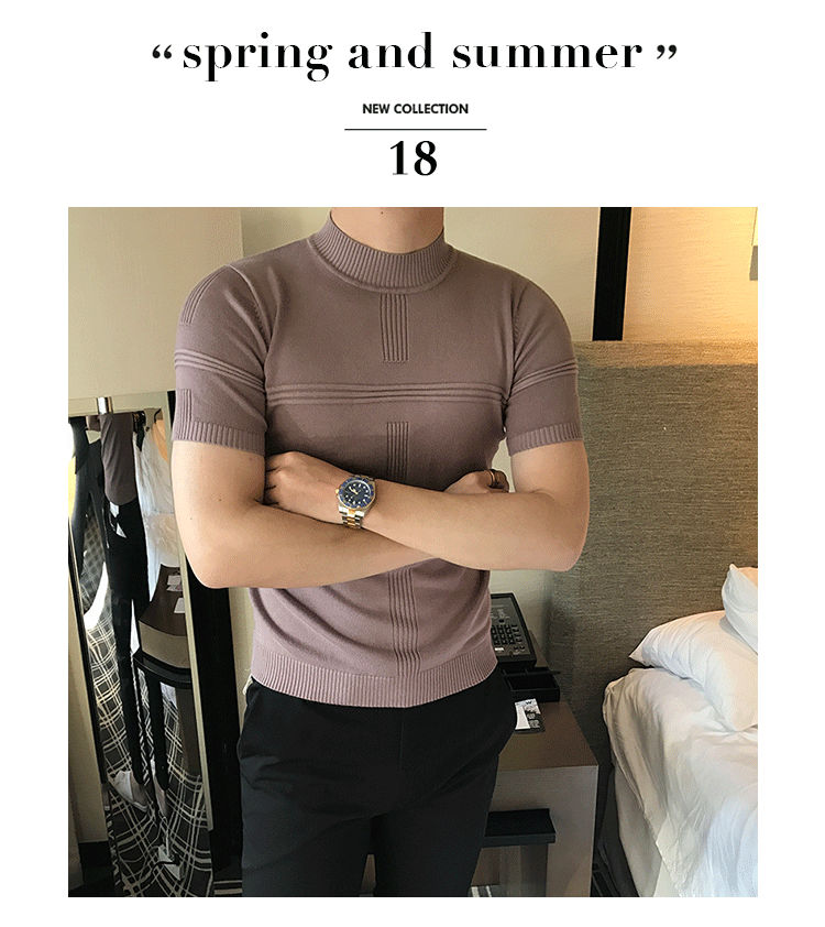 [Capricorn] 2018 mùa xuân mới 3D thủ công thiết kế của nam giới nửa cao cổ áo mỏng áo len T-Shirt ngắn tay áo