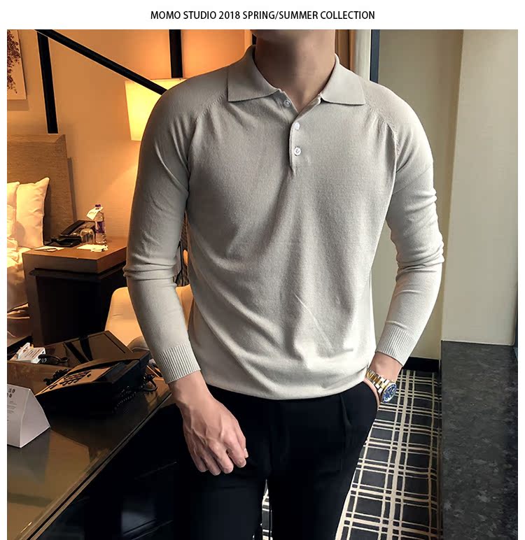 [Capricorn] 2018 áo len dệt kim mỏng mới phiên bản Hàn Quốc của áo sơ mi POLO nam màu hoang dã áo thun dài tay nam t shirt golf
