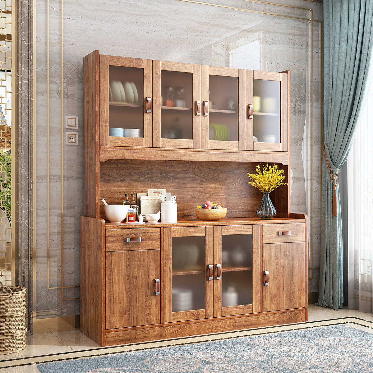 All-solid wooden cabinet wine cabinet in one wall dining room New Chinese high cabinet modern Chinese locker
