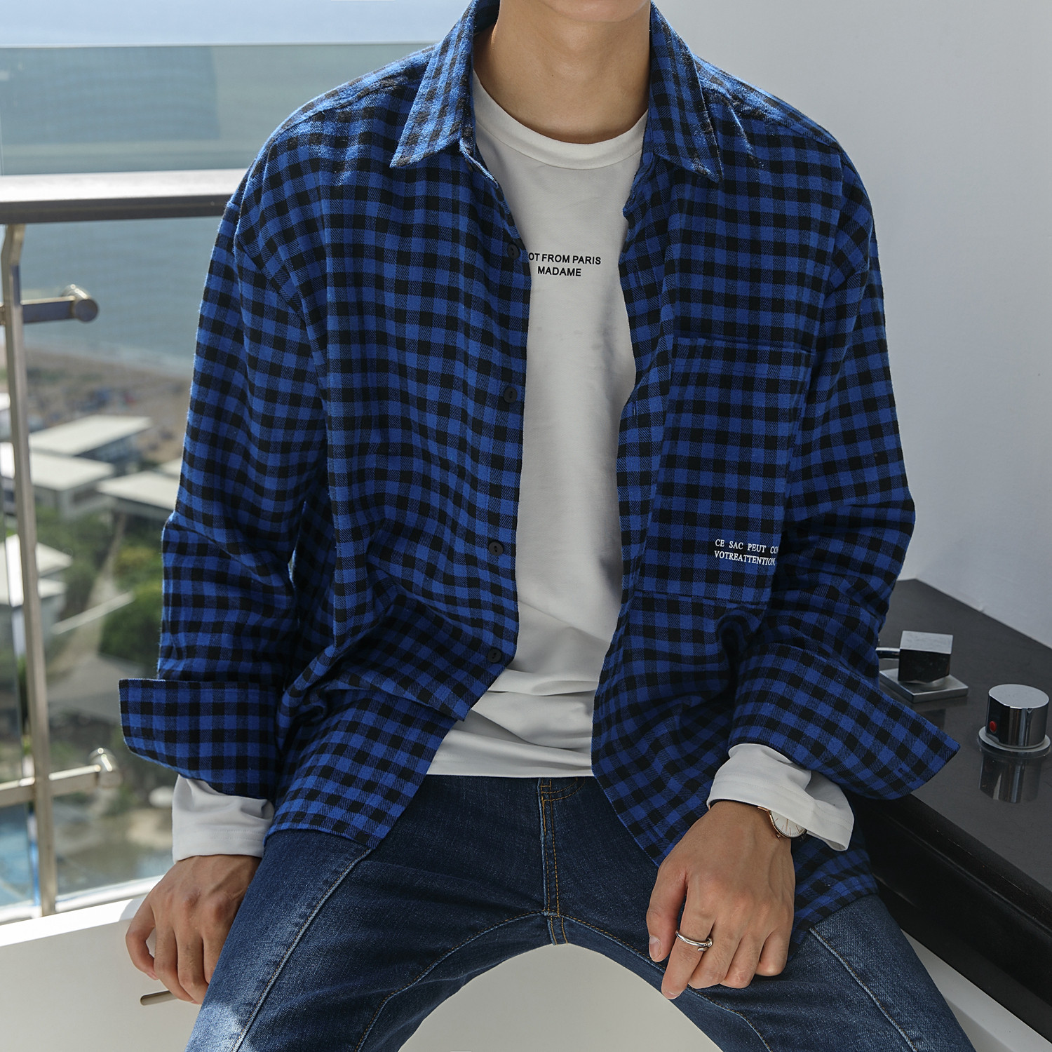 大赖自制/17AW 秋装新款格子衬衫男韩版潮流时尚学生宽松长袖衬衣