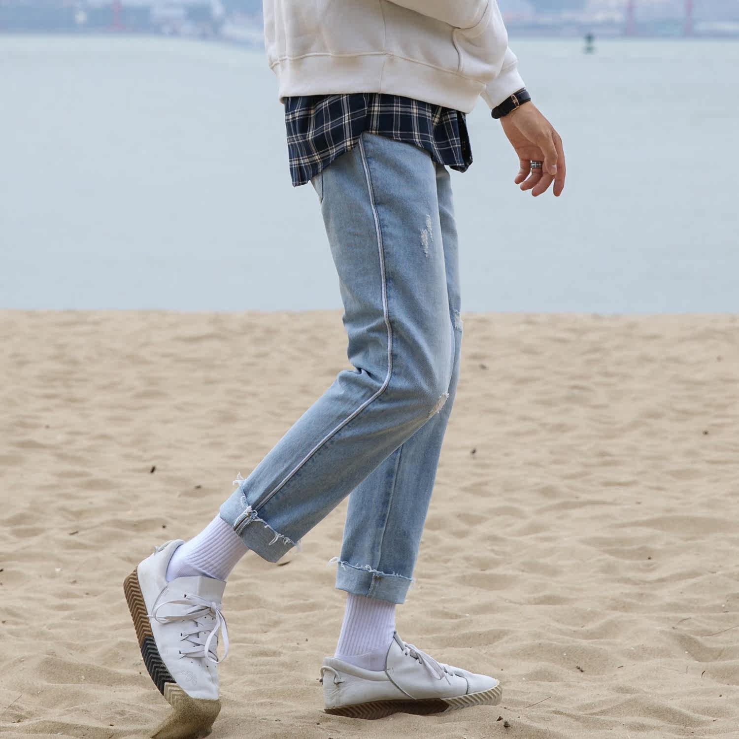 大赖自制17FW浅蓝色毛边牛仔裤男磨破直筒休闲韩版九分裤男牛仔裤