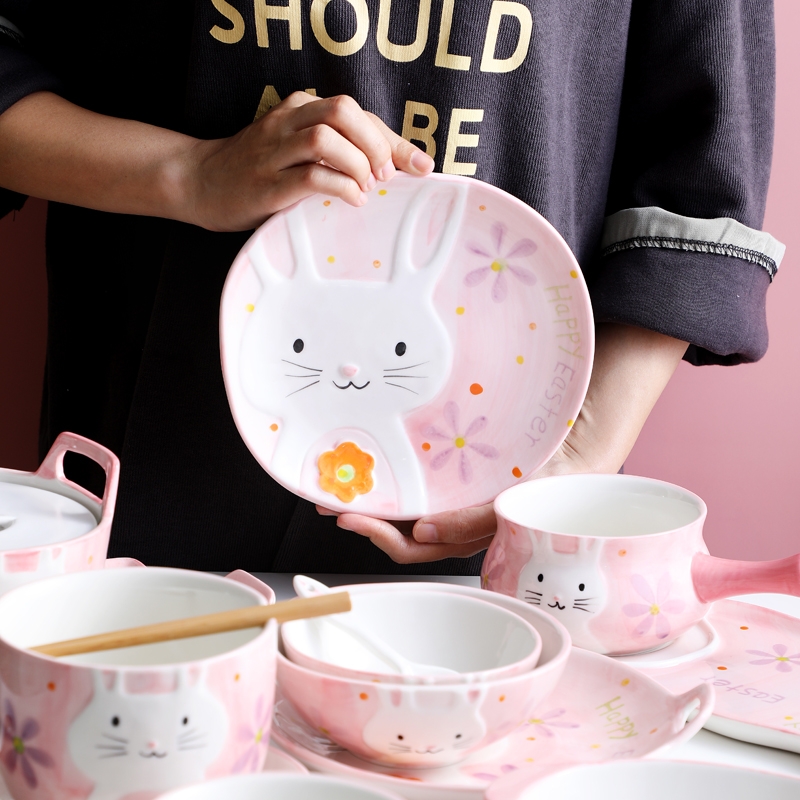 Japanese cartoon tableware suit the little white rabbit with pink lovers tableware household food dish of rice bowls adult web celebrity move