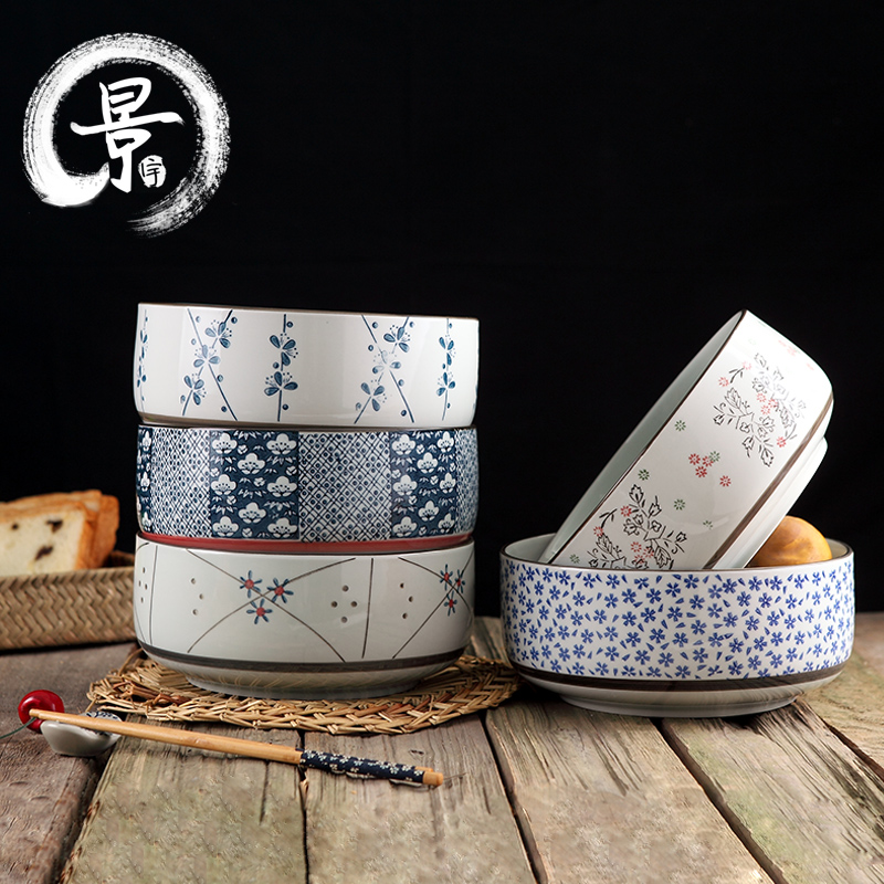 Japanese and wind ceramic bowl large jingdezhen ceramic bowl under the glaze color of eight inches ribs bowl of soup bowl surface