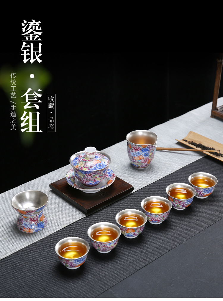 The pavilion silver colored enamel porcelain coppering. As kung fu tea set gift box office home tureen of a complete set of tea cups