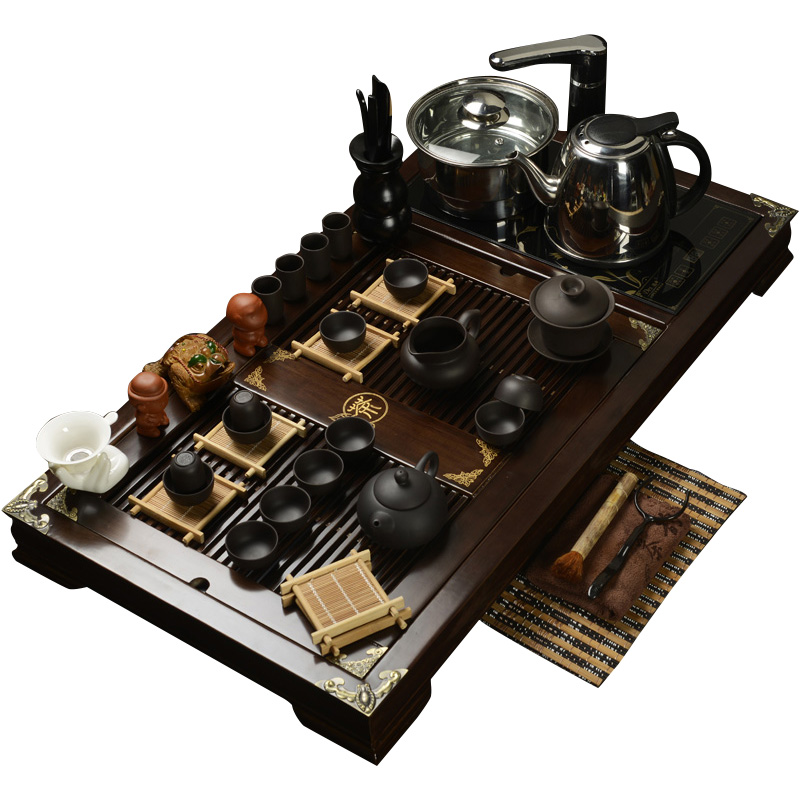 Beauty cabinet household ceramic tea set yixing purple sand of a complete set of kung fu solid wood tea tray induction cooker four unity