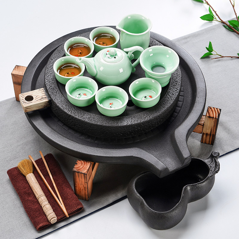 Beauty cabinet Japanese contracted solid wood double stone mill ceramic tea sets tea home ground kung fu tea set tea cups