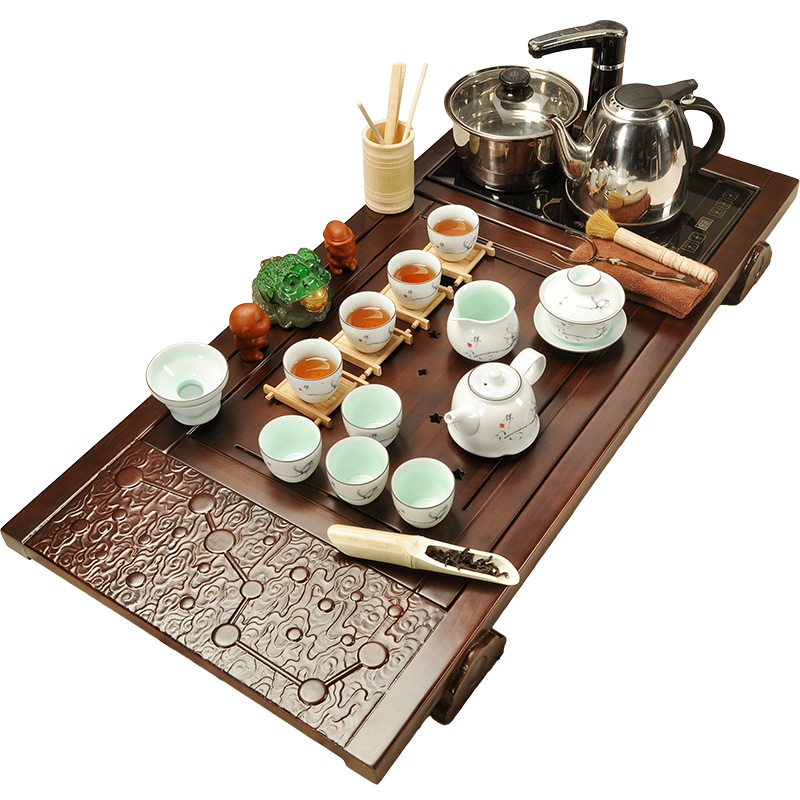 The pavilion home kung fu tea set a complete set of ceramic teapot teacup electric magnetic furnace solid wood tea tray tea tea taking