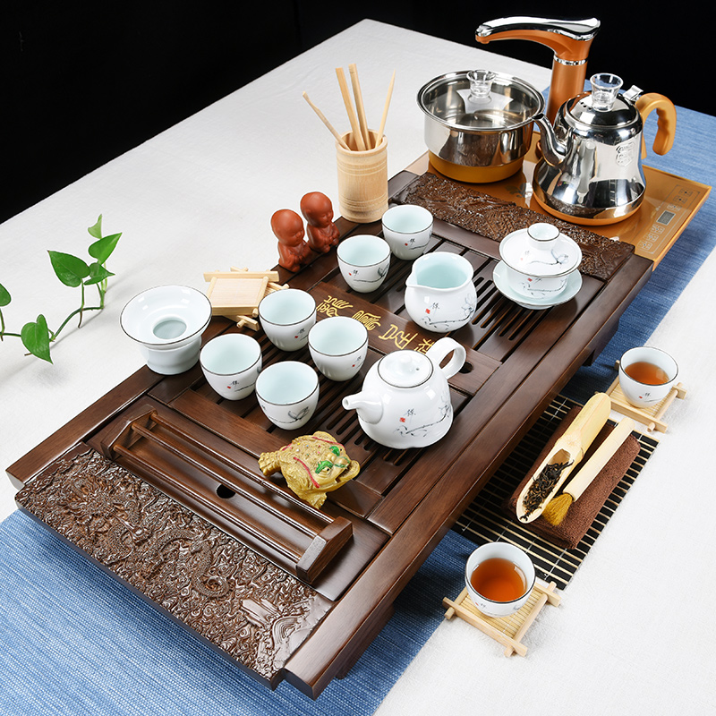 The cabinet home tea set automatic electric furnace solid wood tea tray ceramic tea cup tea tea saucer dish