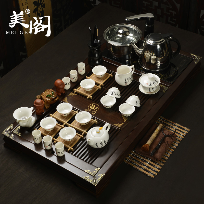 Beauty cabinet household ceramic tea set yixing purple sand of a complete set of kung fu solid wood tea tray induction cooker four unity