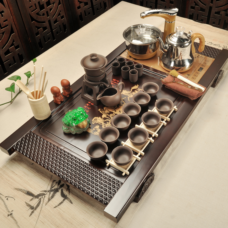 The cabinet solid wood tea tray ceramic tea set household kung fu tea sets tea cups electrothermal furnace contracted bamboo pallets