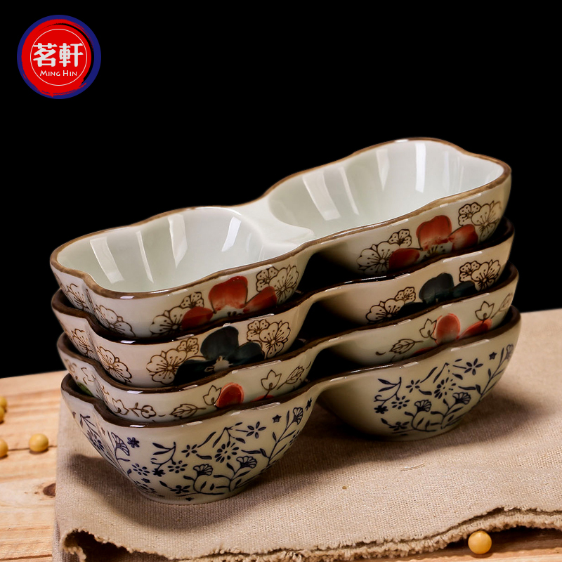 Japanese flavour dishes taste ceramic bowl double lattice plate plate under the glaze color tableware flavor dish dipping sauce dish of snacks