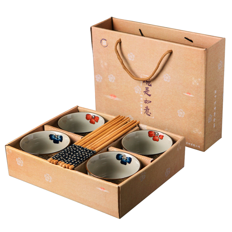 Japanese under glaze color porcelain tableware chopsticks sets students eat rice bowls of household gift boxes dear little soup bowl