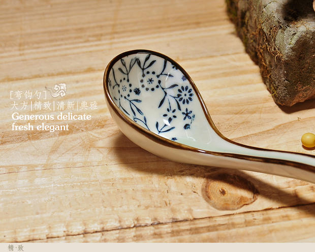 Tay cầm dài thìa sáng tạo Muỗng trộn muỗng Phong cách Nhật Bản underglaze vẽ tay muỗng vừa bộ đồ ăn ZAKKA - Đồ ăn tối đĩa tròn