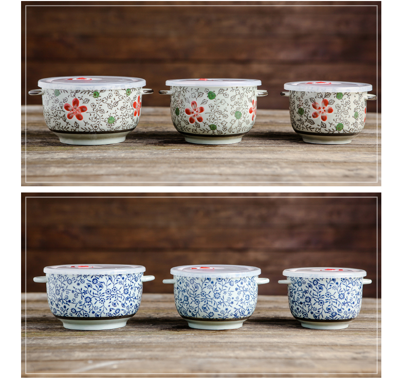 Japanese under glaze color porcelain ears preservation bowl household three - piece multi - function silicone seal with cover to eat instant noodles