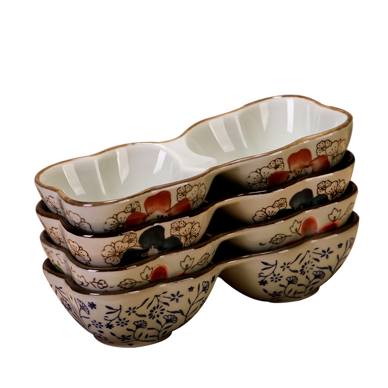 Japanese flavour dishes taste ceramic bowl double lattice plate plate under the glaze color tableware flavor dish dipping sauce dish of snacks