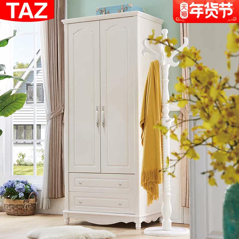 American double door wardrobe pastoral European two door wardrobe with drawer White simple small apartment bedroom cabinet