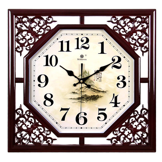 Wall Clock for Living Room, Square, Retro, Creative, New Chinese Style, Electronic Quartz Clock with Calendar, Wall-Mounted