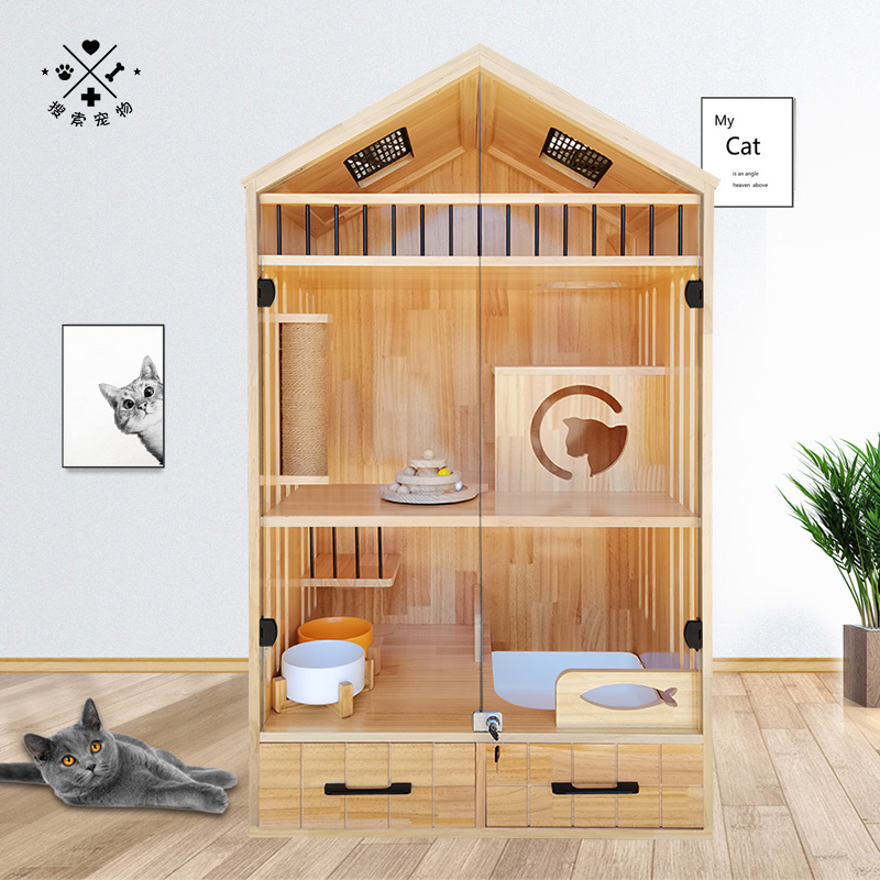 Search solid wood cat cage cat house cat house cat house display cabinet double-layer three-layer home customizable