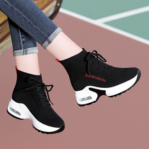 Black inside heightening womens shoes 8cm heightening of slim 2022 new thick bottom casual sports spring autumn season plus suede 100 lap