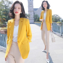 Yellow Suit Jacket Woman 2022 Spring Summer Han Edition Inn Wind Leisure Conspicuous Slim 70% Sleeves Slim small Western suit jacket