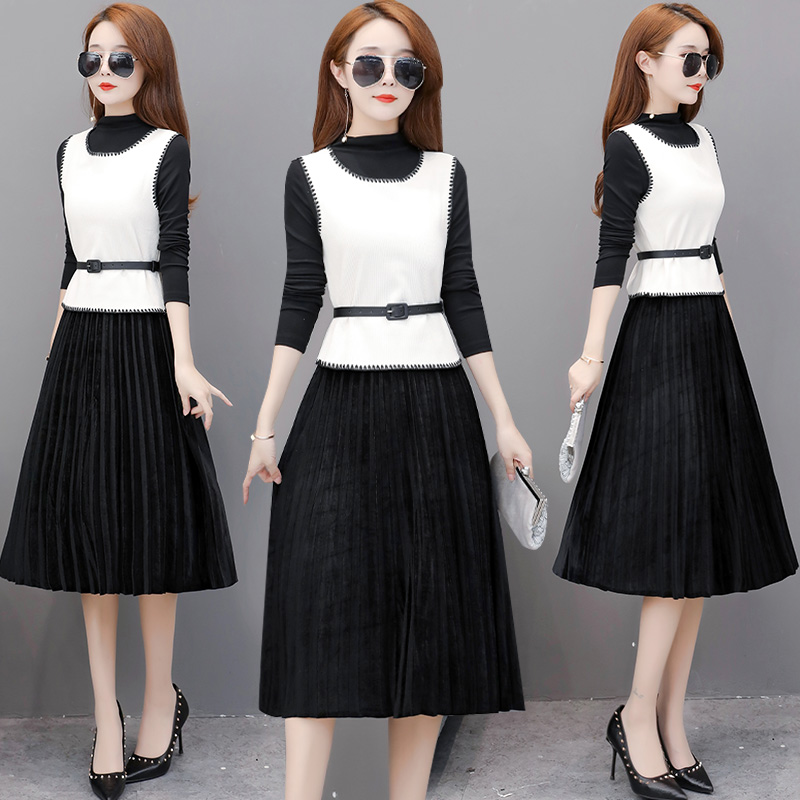 Gold velvet dress women's spring and autumn new temperament goddess Fan Qingshu wind sweater vest two-piece skirt