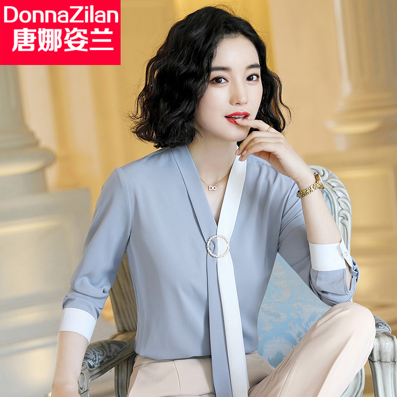 Chiffon white shirt women's new spring Korean version women's long-sleeved fashion Western-style professional shirt V-neck top