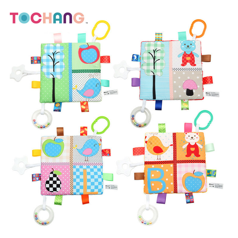 Cute color multi-purpose label comfort towel with ring paper tooth tape ring ring baby soothing cognitive early education cloth book