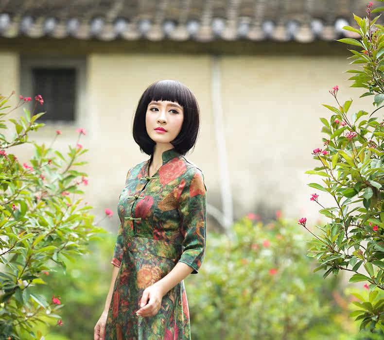 [2015爆款]真丝缘香云纱连衣裙复古改莨旗袍真