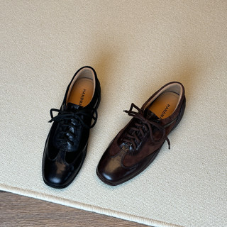 Genuine Leather British Style Retro Thick-Soled Lace-Up Small Leather Shoes for Women, Spring and Autumn Square-Toe Loafers, Sporty Style Training Shoes, Versatile