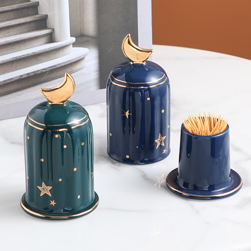 Moon toothpick barrel with lid ceramic toothpick jar box creative home living room hotel commercial personality dining room storage