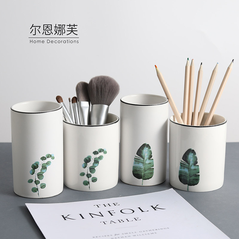 Nordic Green Plant Small Fresh Pen Holder Barrel Ceramic Makeup Brush Drum Makeup Brush Barrel Tabletop Eyelachline Pen Brow Pen Holder