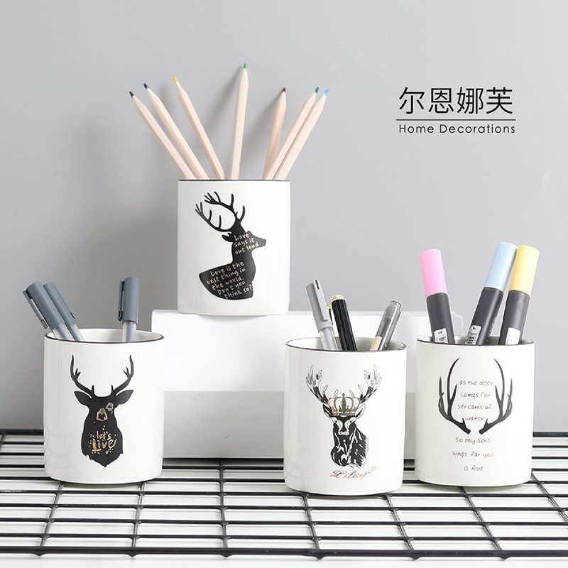 Elk Deer Nordic Office Pen Holder Barrel Ceramic Makeup Brush Drum Makeup Brush Barrel Tabletop Eyelink Pen Eyebrow Pen Holder