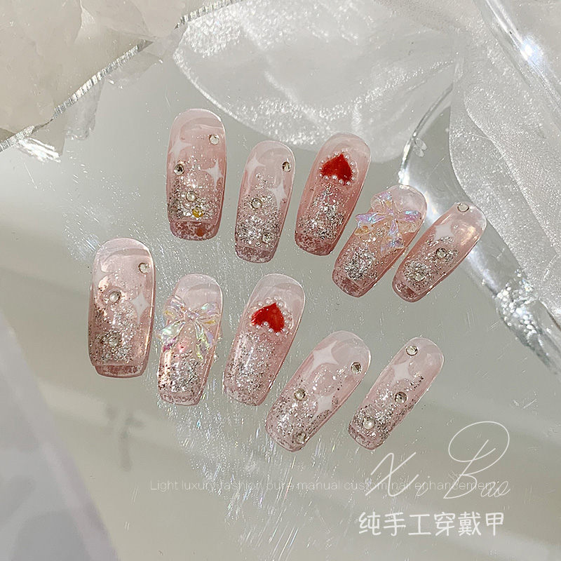 Wearing a high-quality French love manicure patch finished 2022 new handmade custom removable fake nails