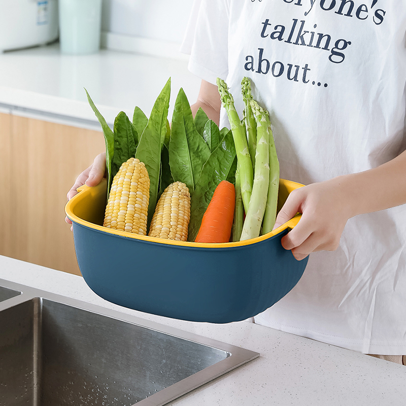Double Layer Thickened Drain Basket Wash Vegetable Basin Sub Kitchen Multifunction Home Living Room Wash Fruit Basket Naughty Dish Wash Vegetable Basket